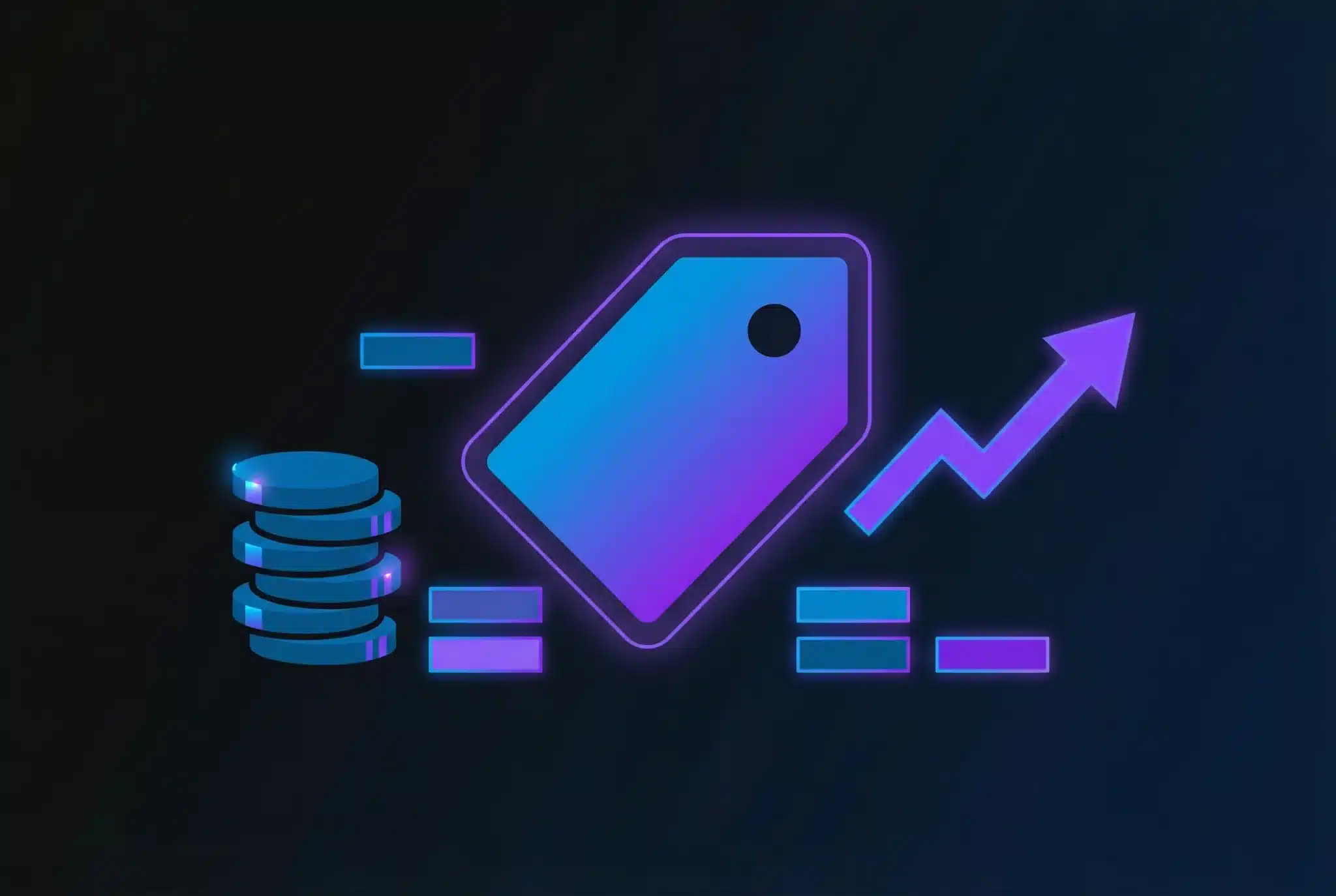 Geometric illustration of a domain tag with currency symbols and upward trending graph elements in blue and purple gradients on dark background