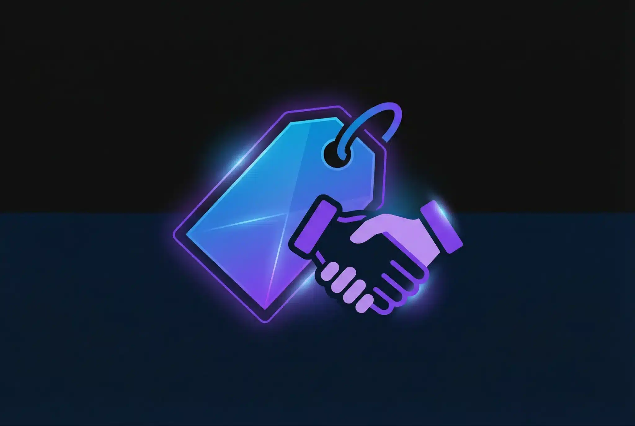 Geometric domain name tag with handshake icon representing domain brokerage services on dark gradient background