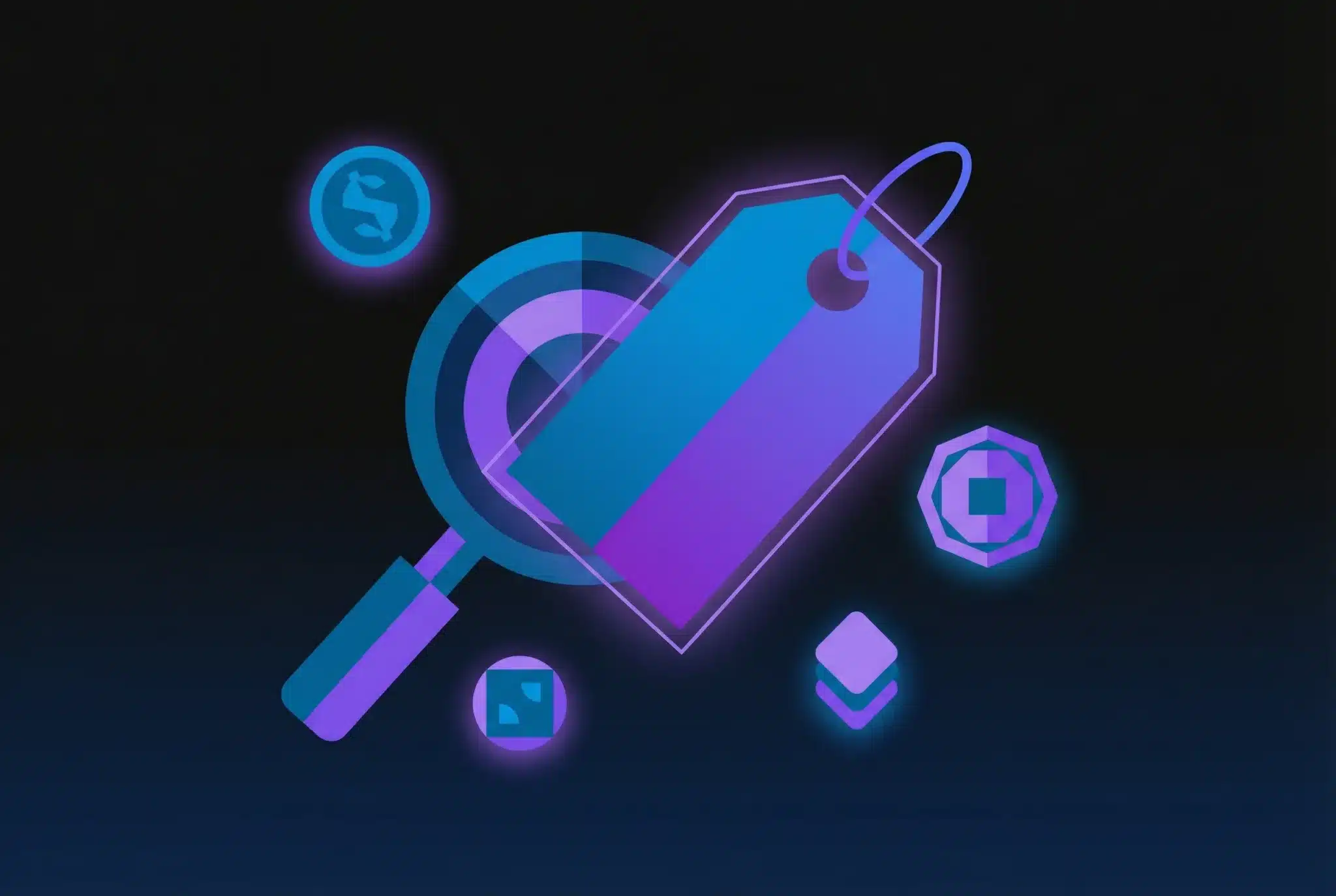 Magnifying glass examining a price tag with currency symbols, illustrating domain name cost comparison and hidden fees analysis