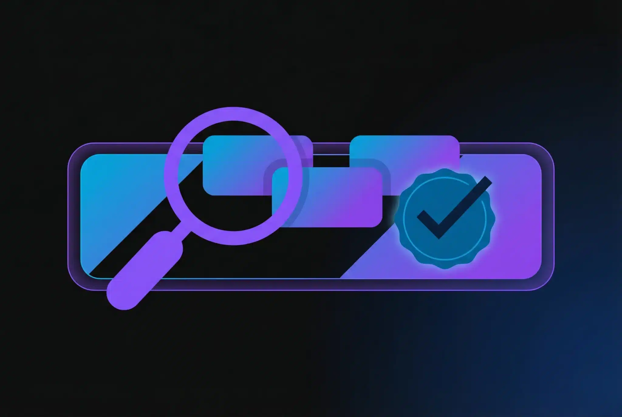Illustration of a browser address bar with magnifying glass examining domain name options on dark background