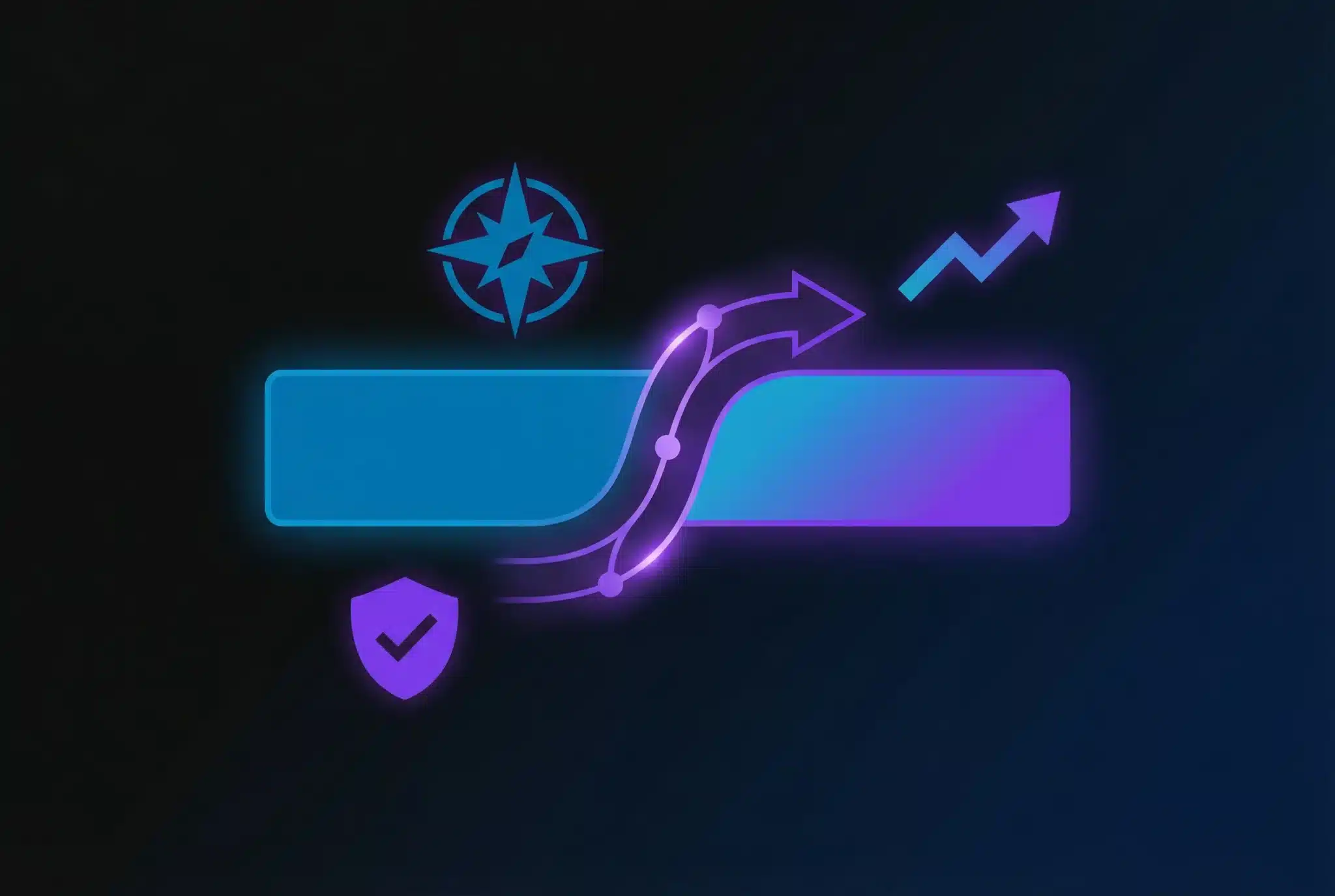 Geometric illustration showing a domain name transforming into a new domain with strategic planning icons, rendered in blue and purple gradients on dark background