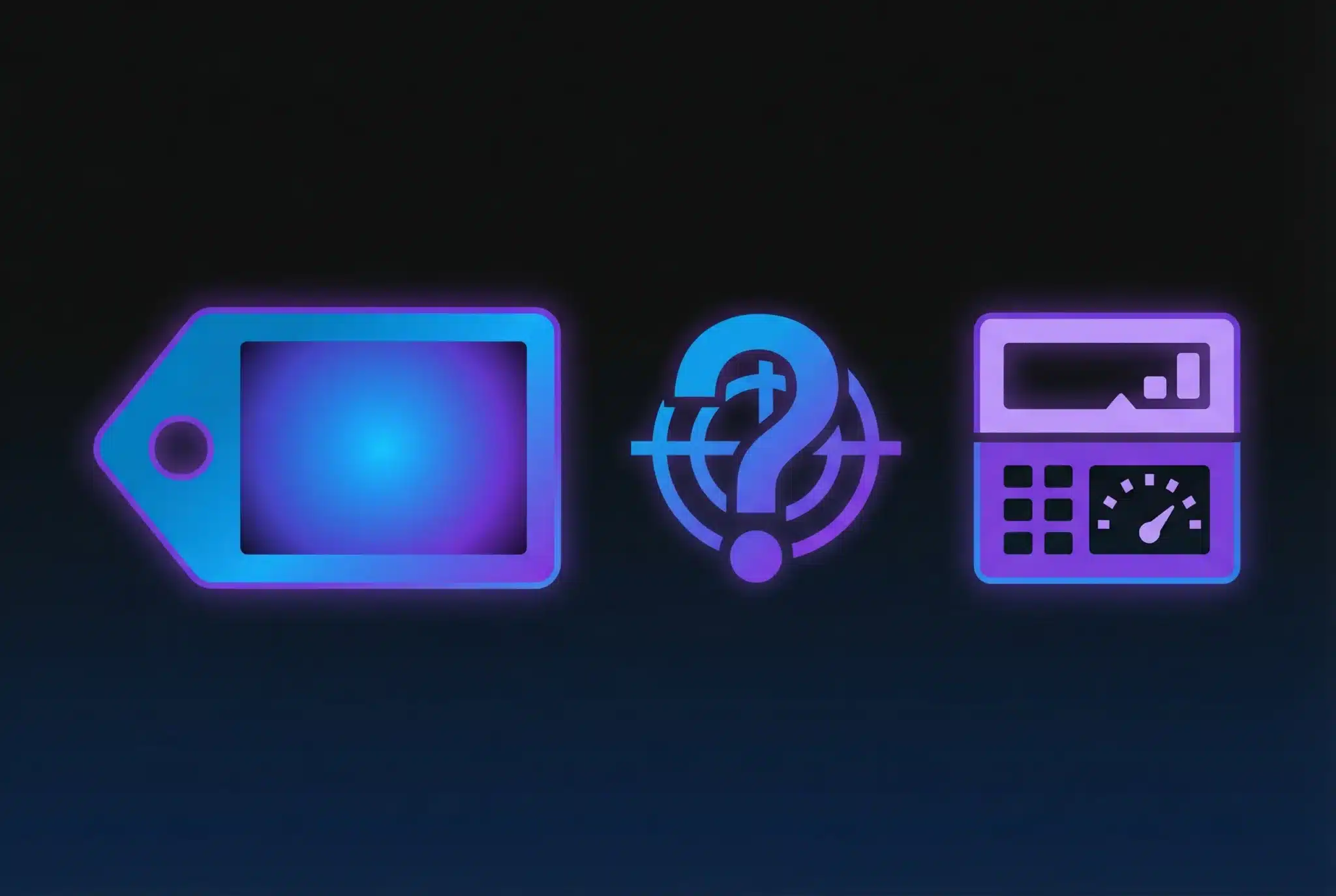 Geometric illustration showing a domain price tag, calculator, and accuracy indicator in blue and purple gradients on dark background