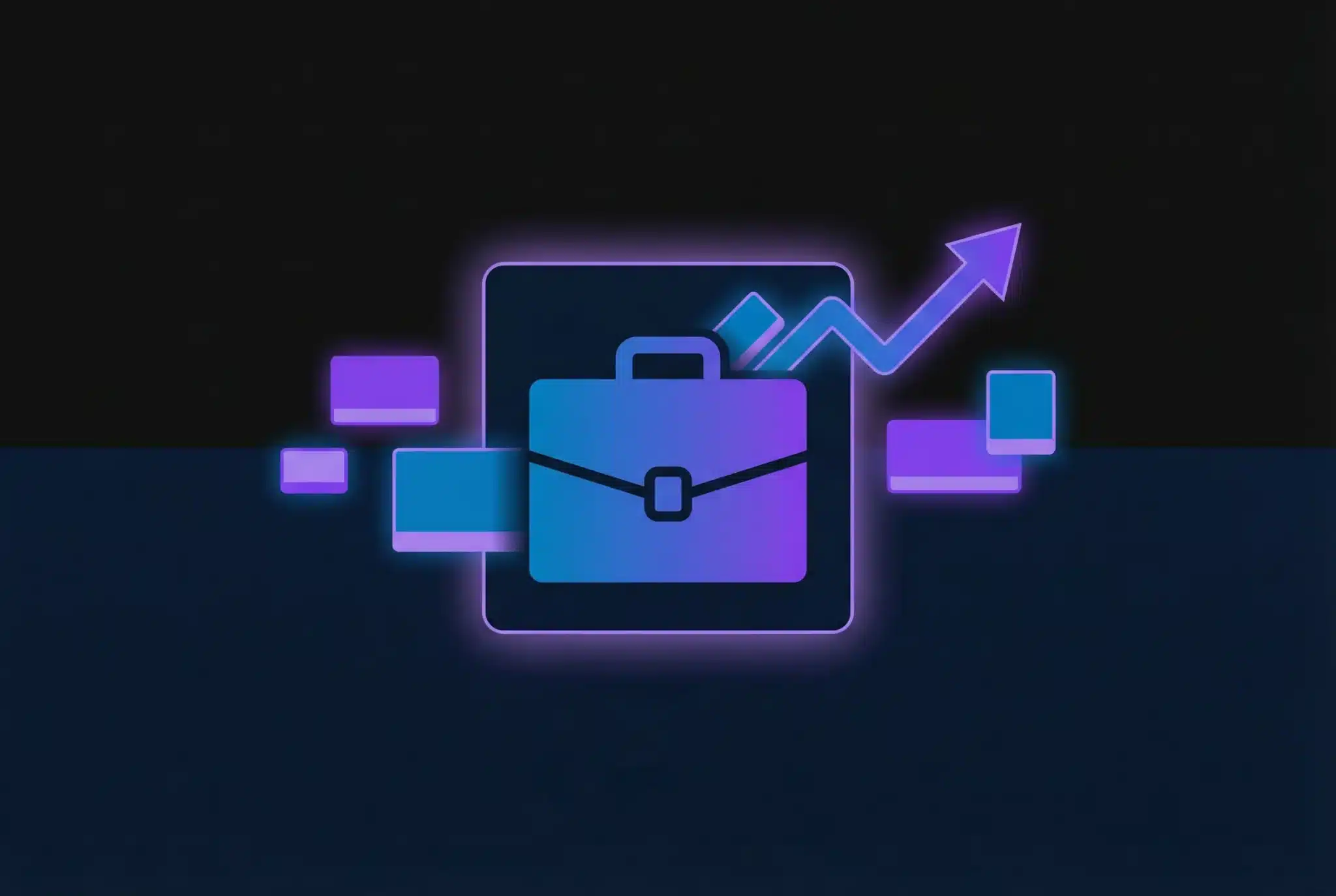 Geometric illustration of a portfolio briefcase with domain blocks organizing into it, showing business growth with an upward trend line in blue and purple gradients on dark background
