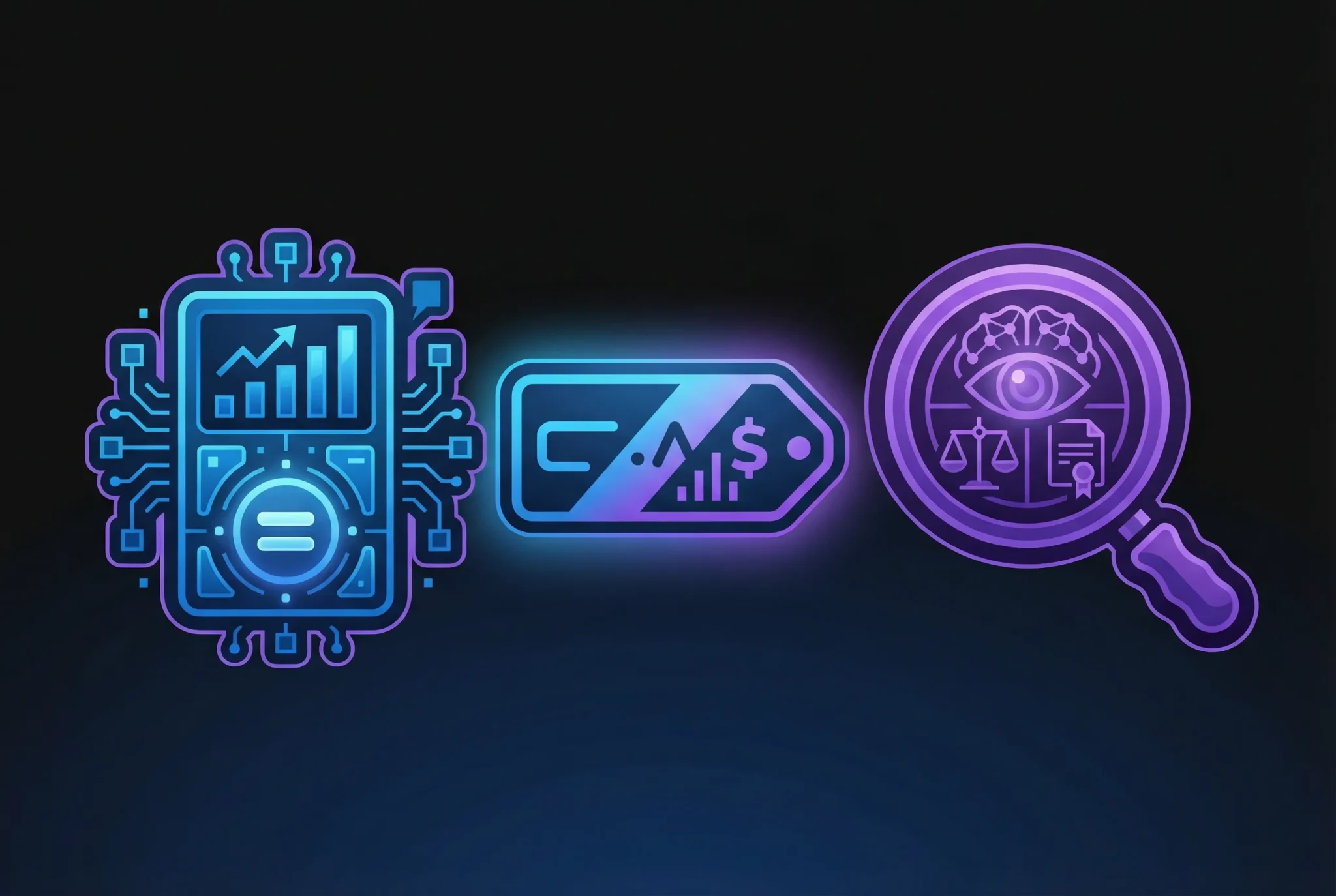 Illustration comparing automated domain valuation tools and expert appraisal methods with geometric icons on dark gradient background