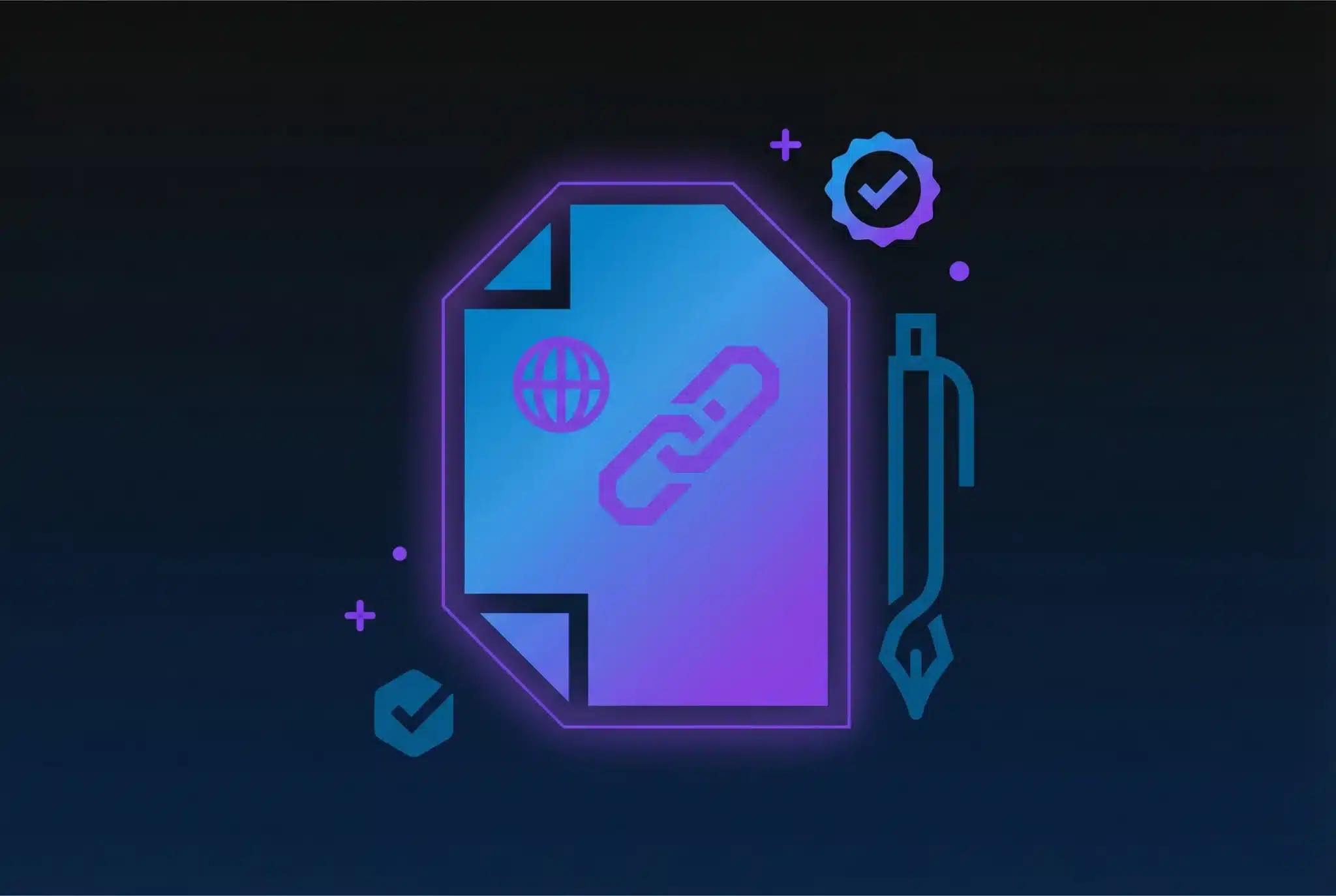 Geometric illustration of a contract document with domain and signature symbols in blue and purple gradients on dark background