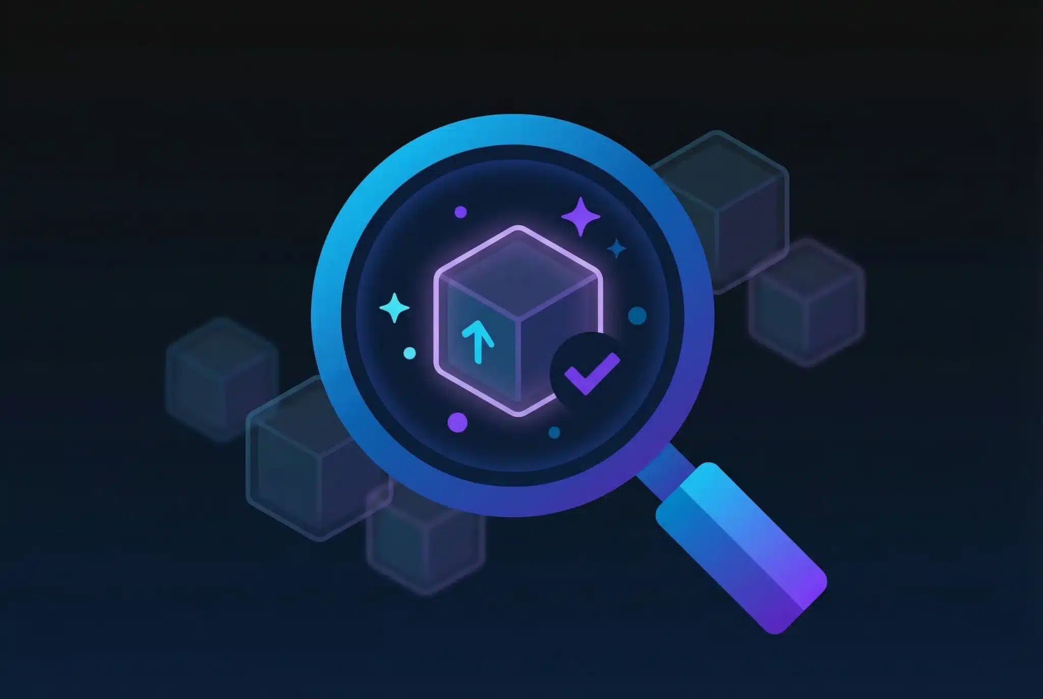 Magnifying glass examining a glowing domain block with quality indicators, representing the evaluation of expired domains