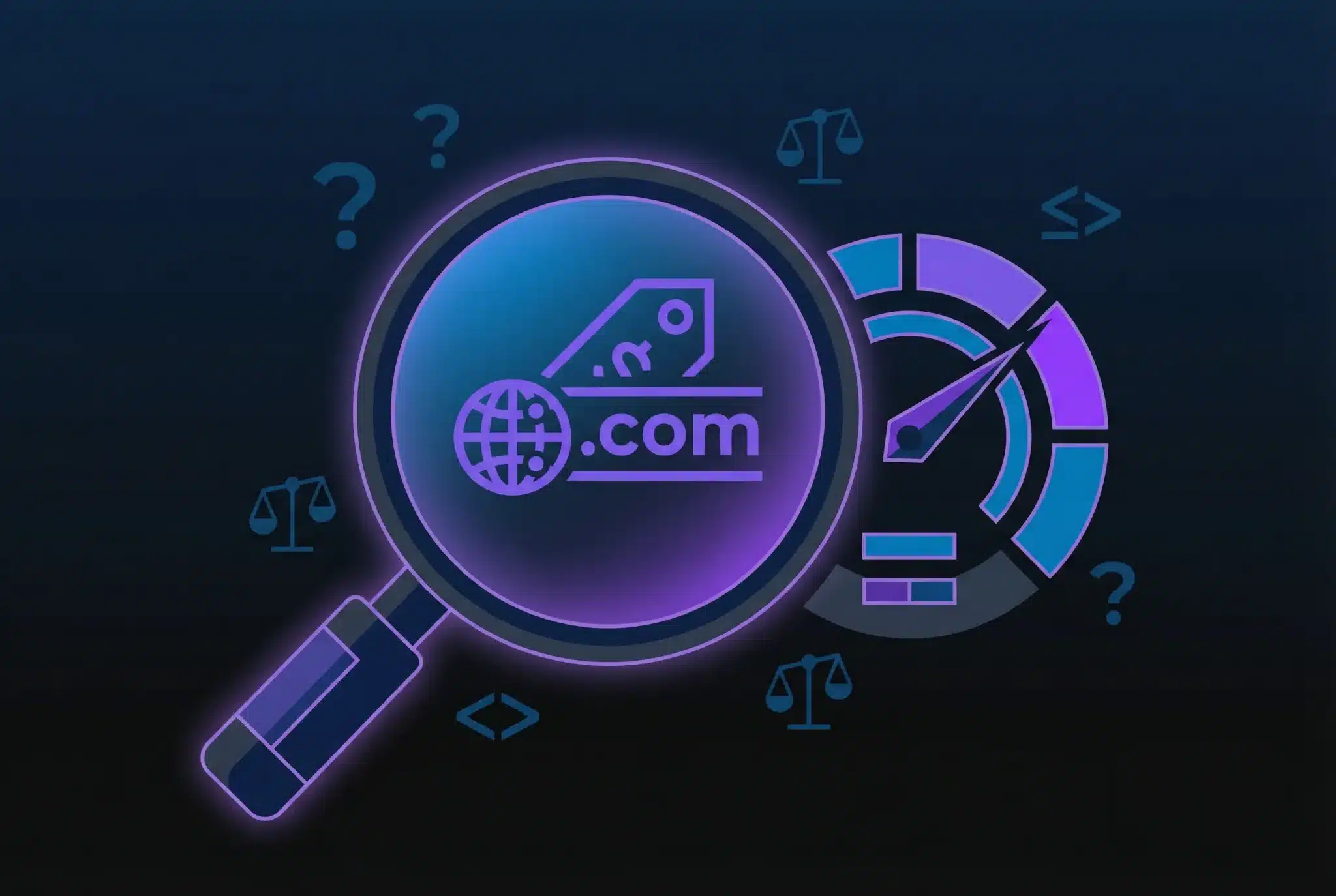 Magnifying glass examining a domain name tag with accuracy gauge, illustrating domain appraisal evaluation