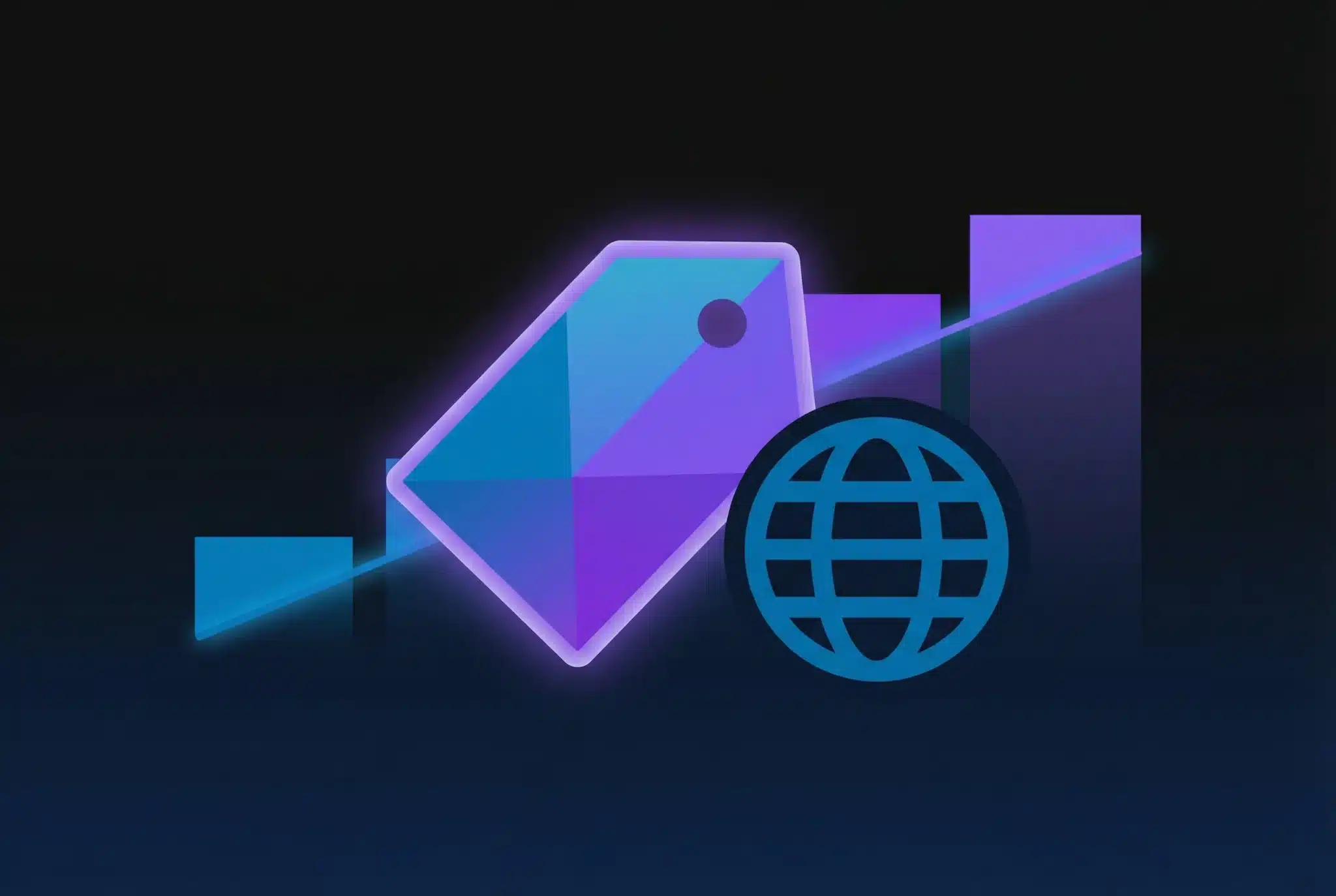 Price tag with domain icon and rising cost bars in blue and purple gradients on dark background