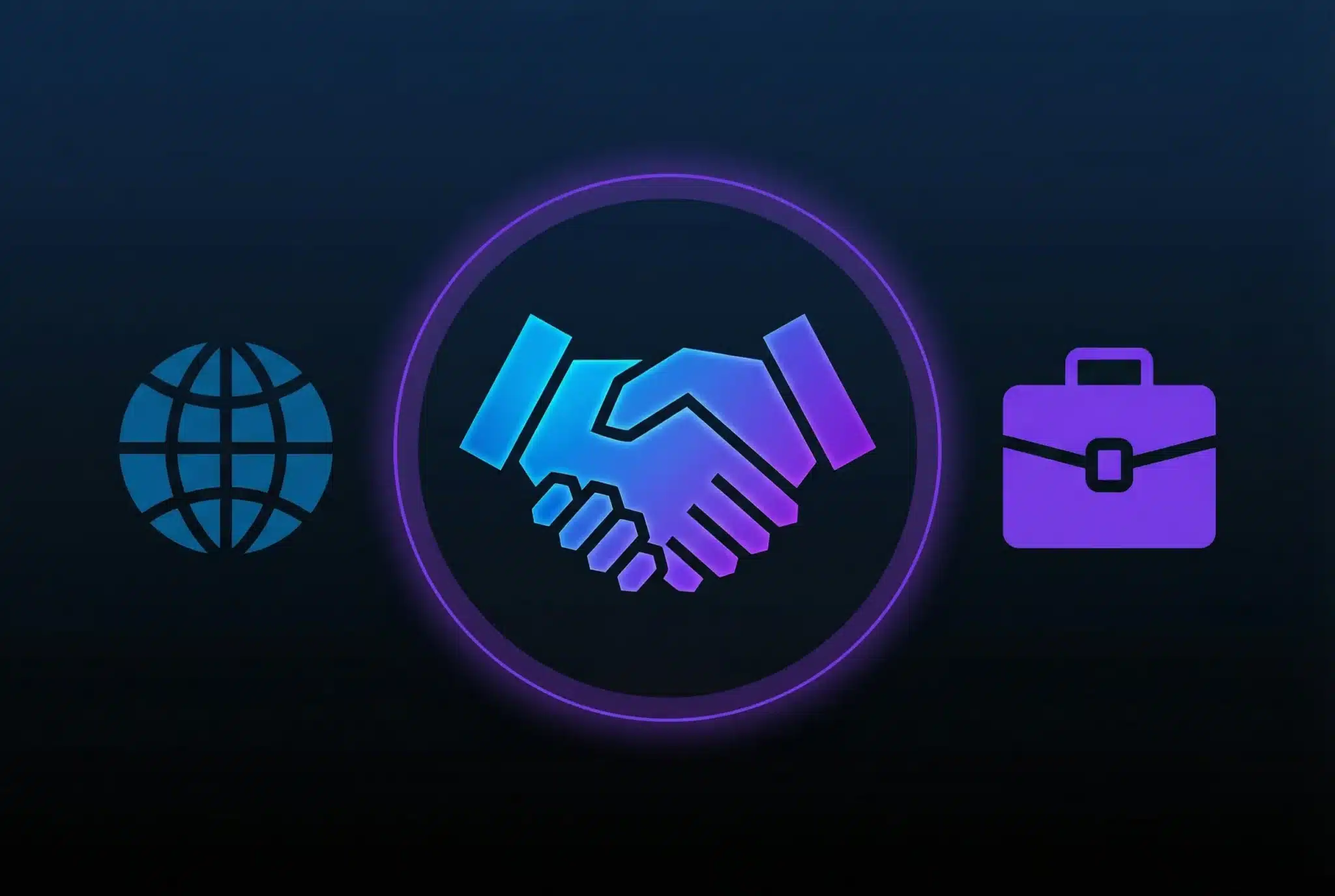 Geometric handshake icon in blue-purple gradient between domain and briefcase symbols on dark background, representing domain broker services