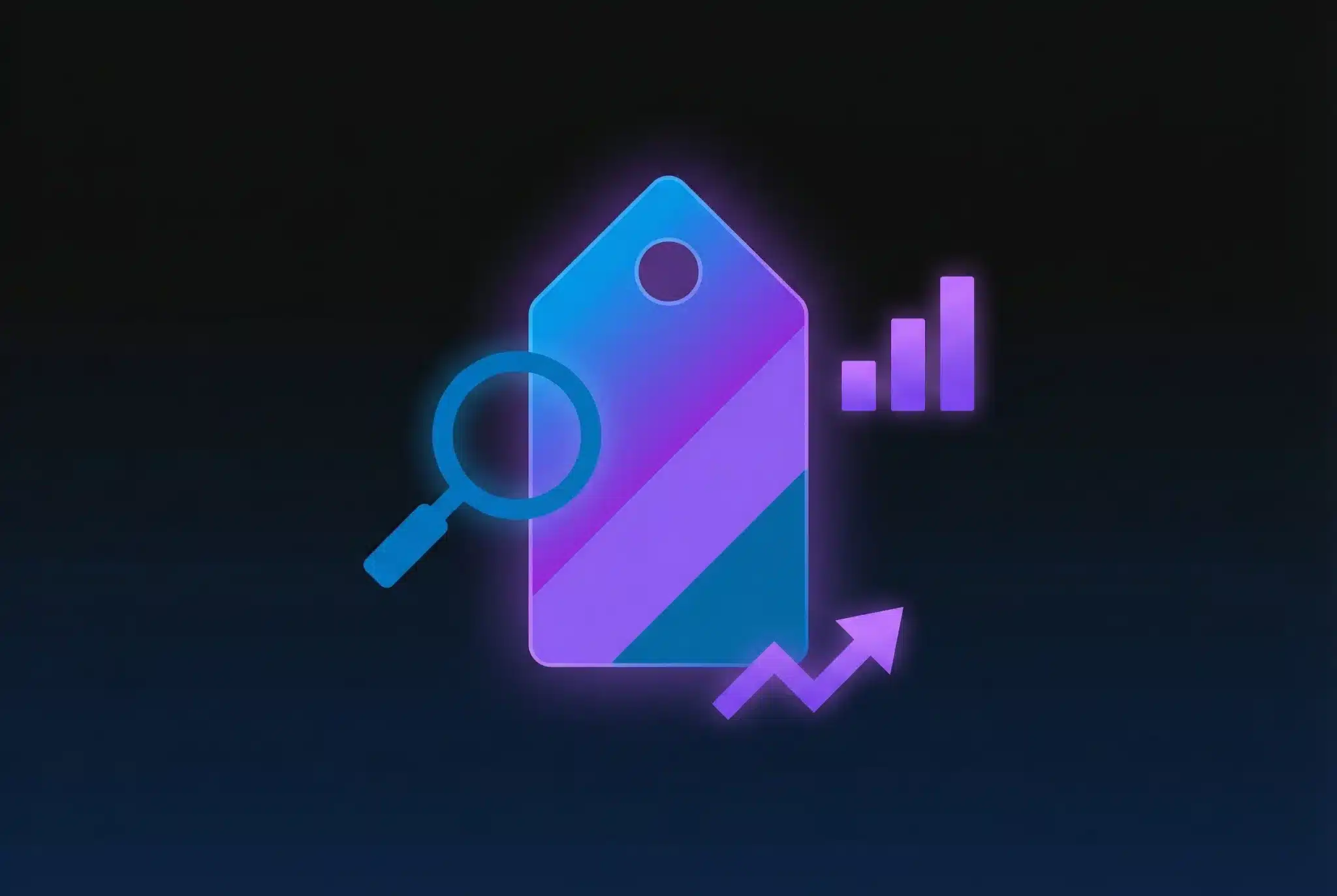 Glowing price tag with magnifying glass and value indicators on dark gradient background, representing domain valuation and appraisal