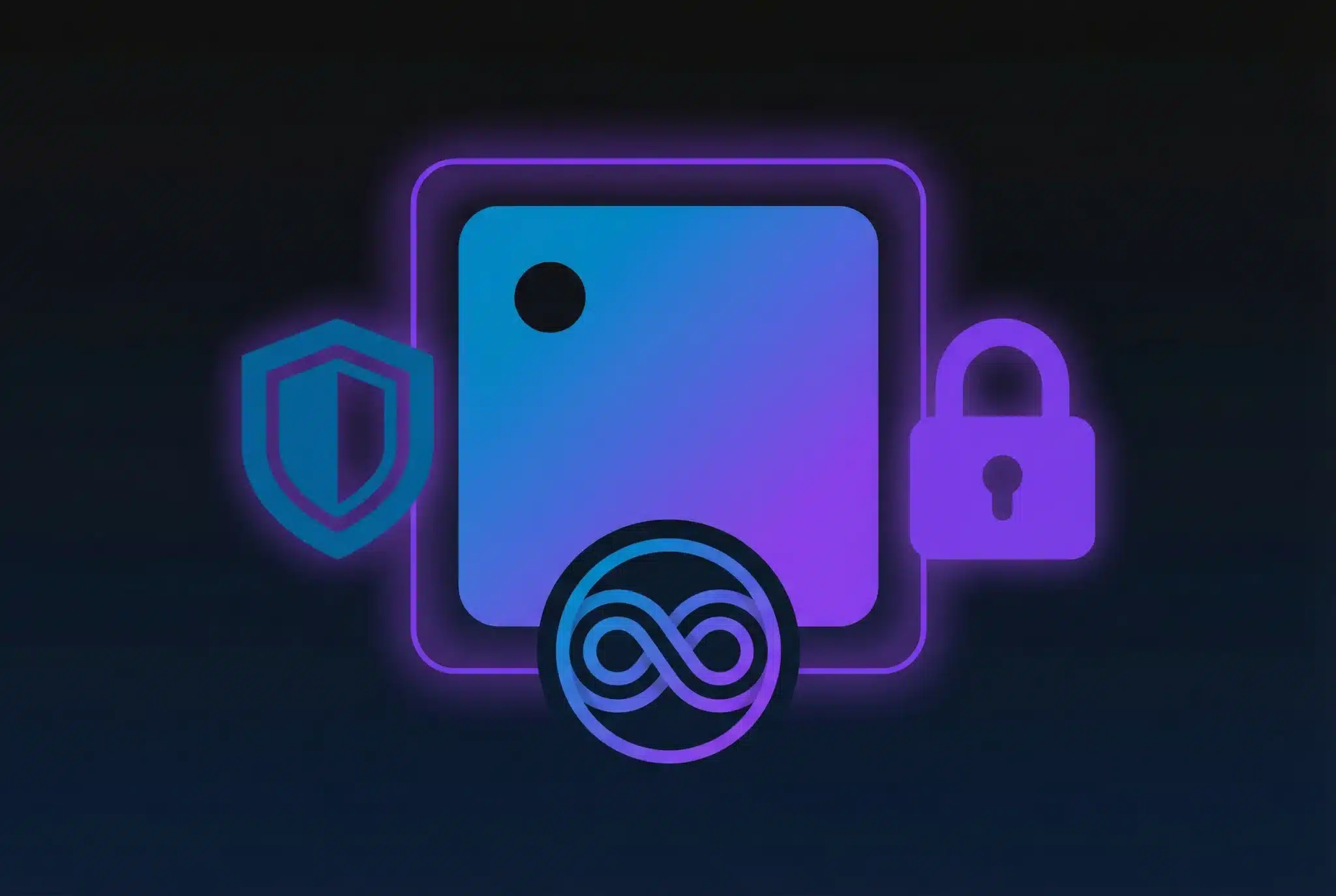 Domain name icon protected by shield and lock symbols with infinity symbol, representing permanent domain ownership and long-term security