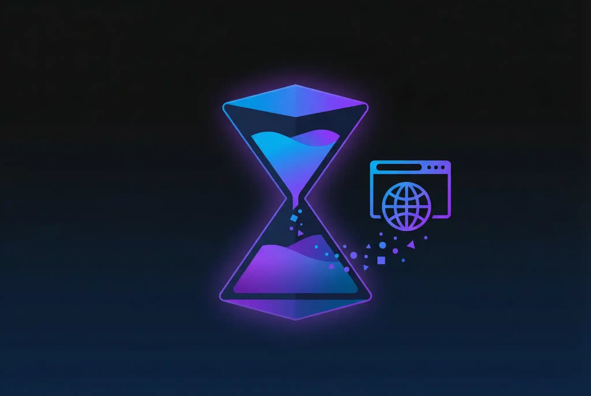 Geometric hourglass with flowing particles next to a domain icon, illustrated in blue and purple gradients on a dark background, representing the expiring domain acquisition process