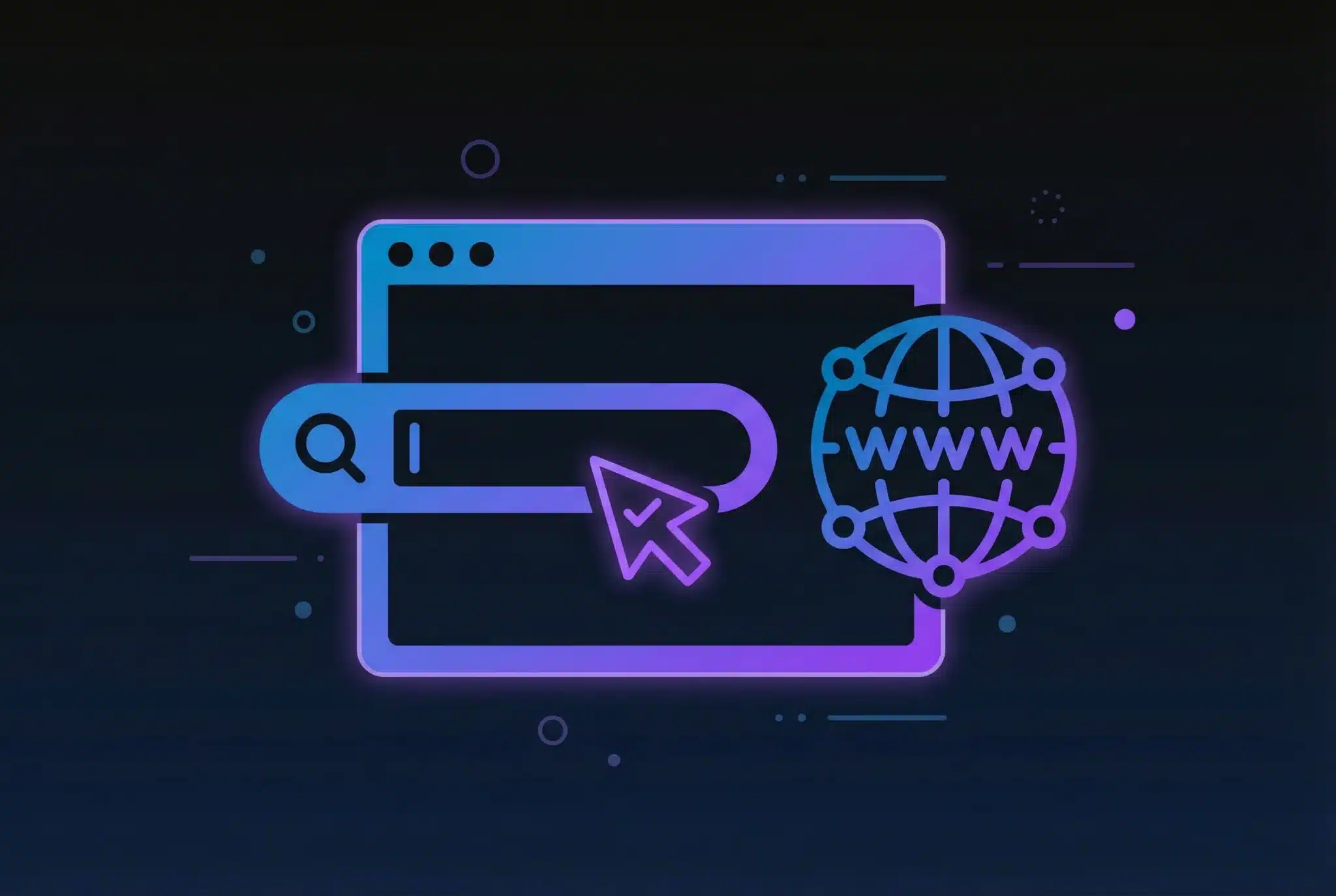 Geometric illustration of a browser search bar with cursor and globe symbol representing domain name selection and registration