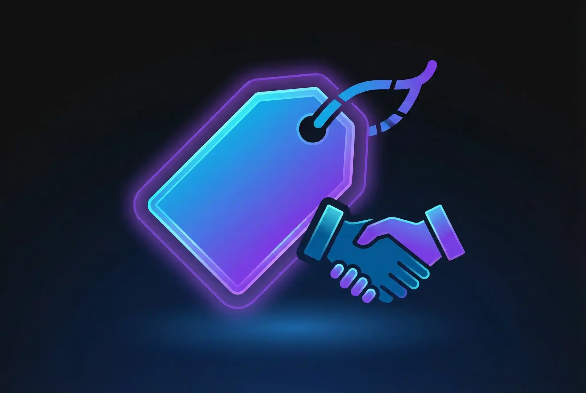 Illustrated price tag with handshake symbol in blue and purple gradients on dark background, representing domain price negotiation