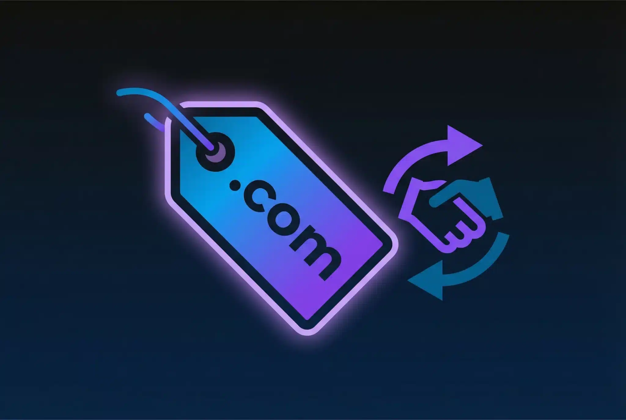 Domain name tag with sale transaction symbol in blue and purple gradient on dark background