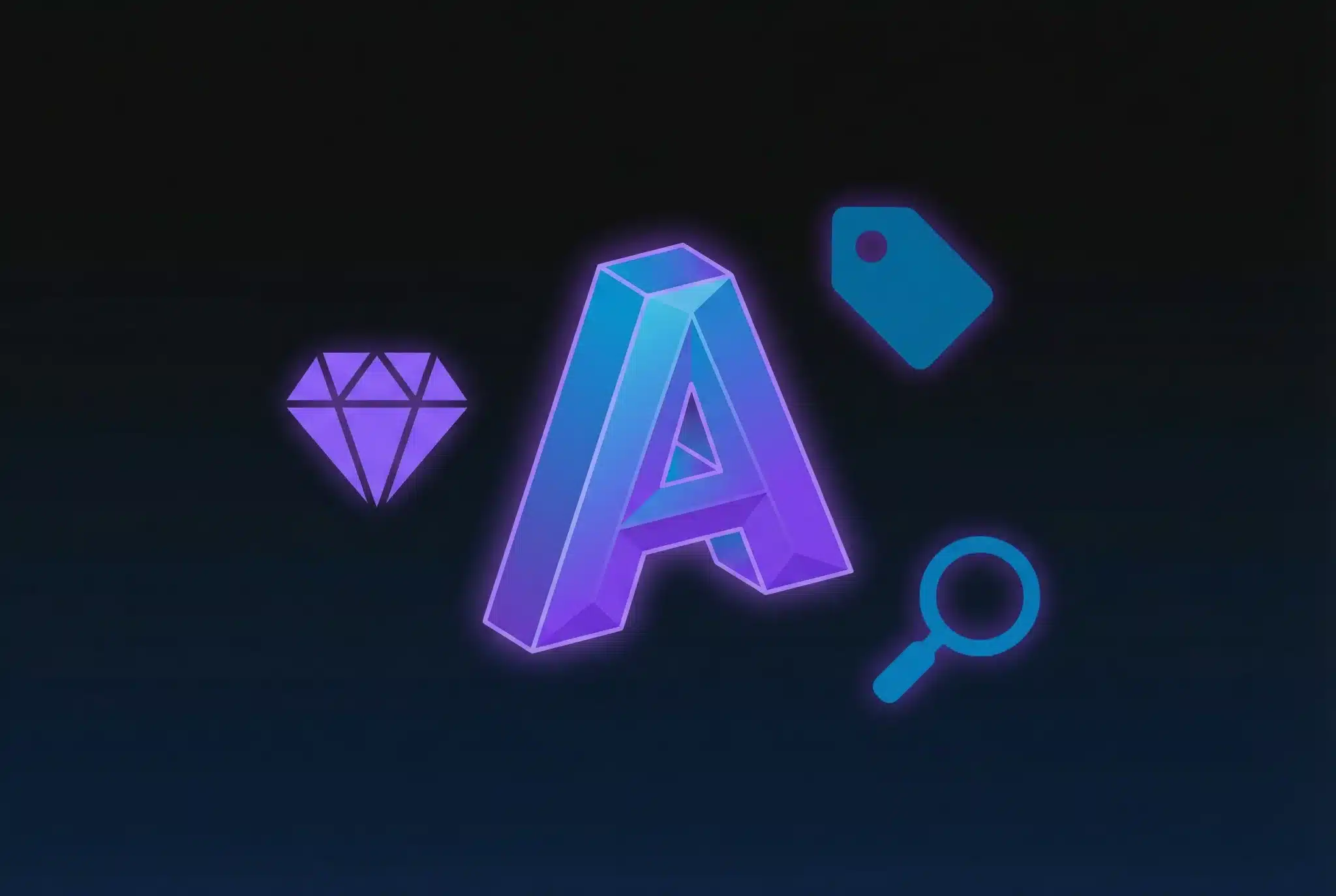 Glowing geometric letter block with gradient blue and purple colors surrounded by diamond, price tag, and magnifying glass icons on dark background representing premium one-word domain value