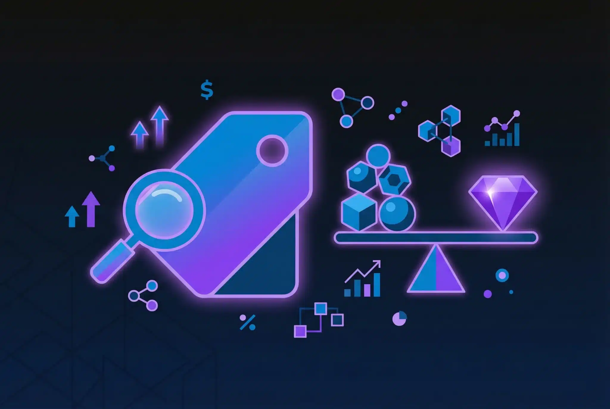 Glowing price tag with comparison scale representing premium domain evaluation and alternatives on dark gradient background