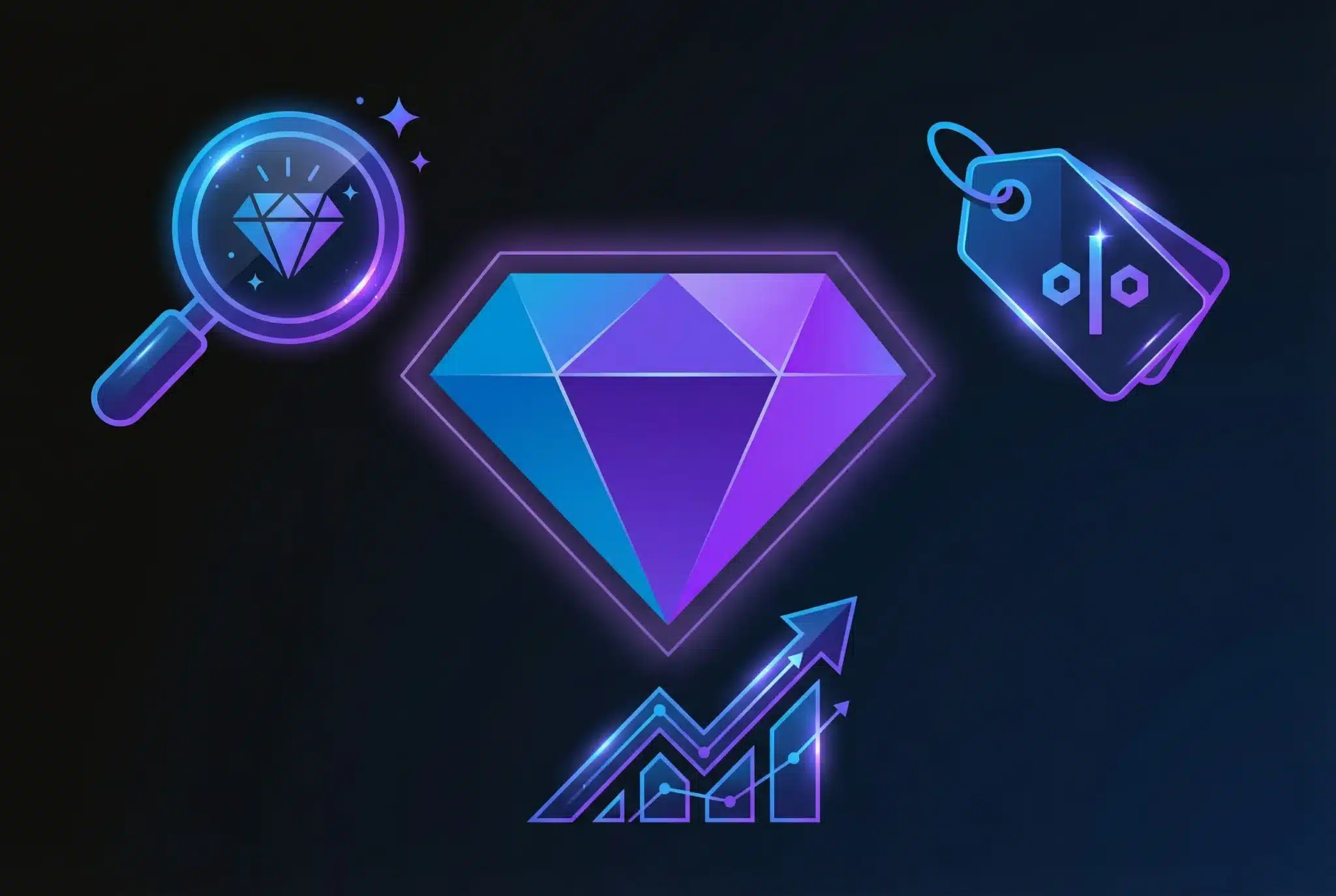 Geometric diamond shape in blue-purple gradient surrounded by magnifying glass, price tag, and trending arrow icons on dark background, representing premium domain evaluation and acquisition