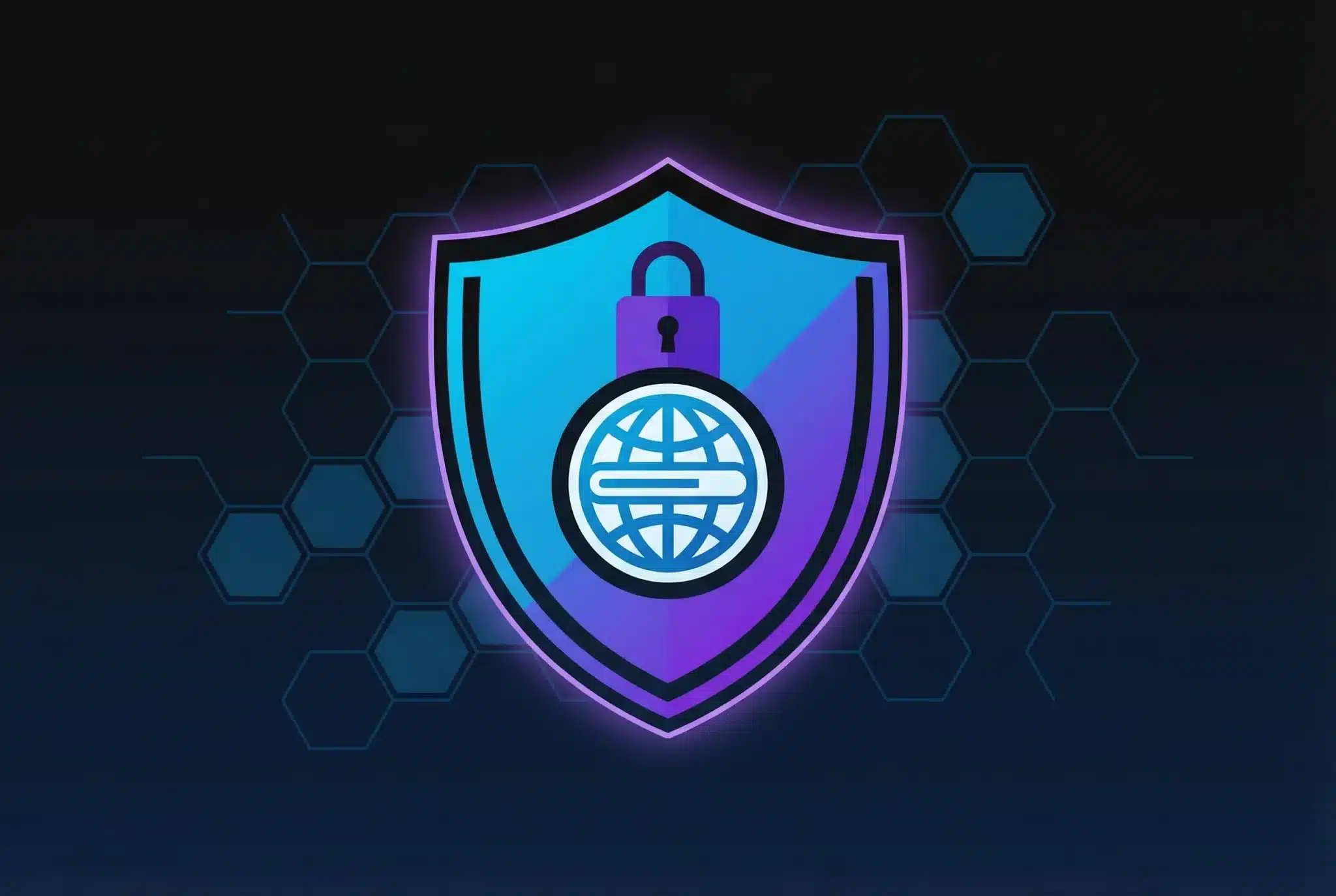 Glowing blue and purple shield protecting a domain symbol against a dark background, representing domain name security