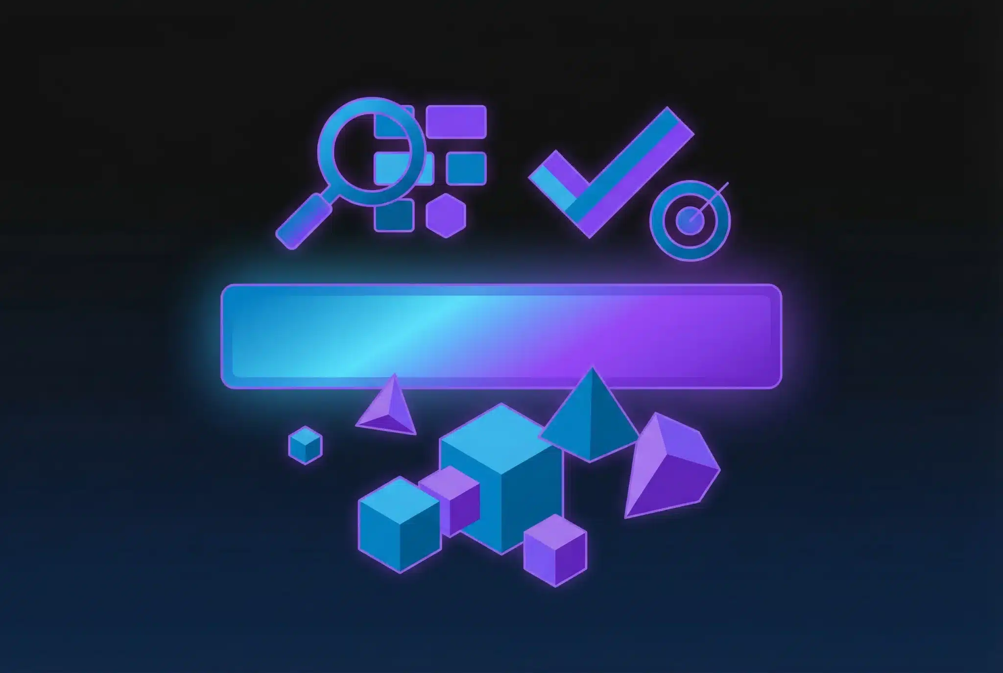 Geometric illustration of a glowing domain URL bar with magnifying glass and selection icons in blue and purple gradients on dark background
