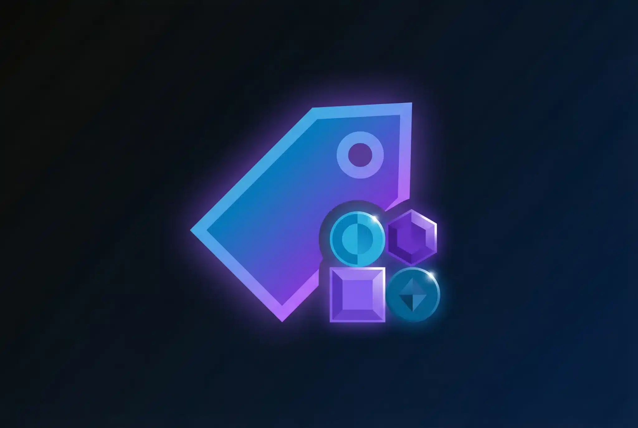 Geometric domain tag with price indicator and currency symbols in blue and purple gradient on dark background