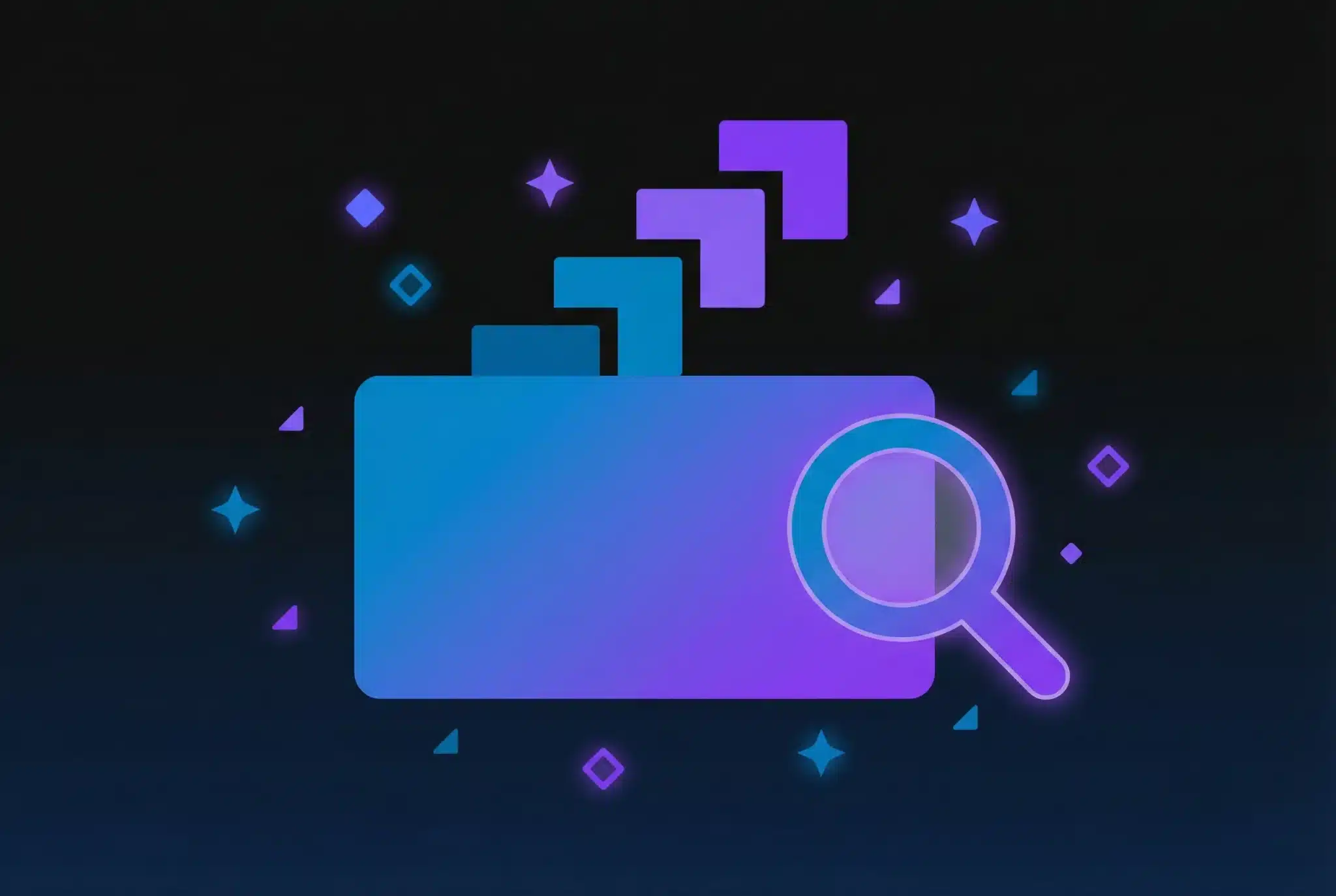 Geometric illustration of a glowing domain URL bar with ascending blocks and magnifying glass on dark gradient background