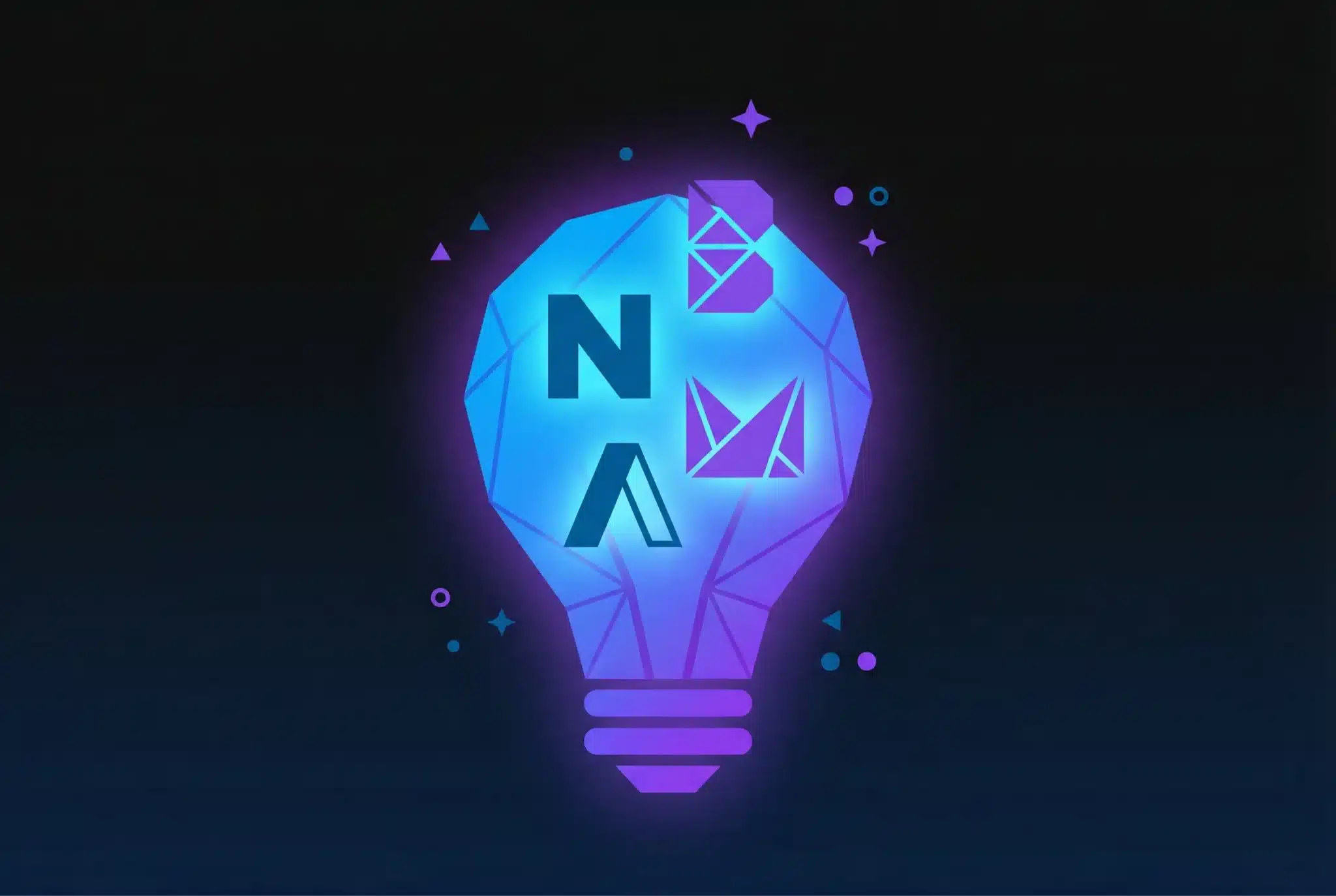 Glowing lightbulb with floating letter blocks in blue and purple gradients on dark background, representing startup naming and brand identity creation