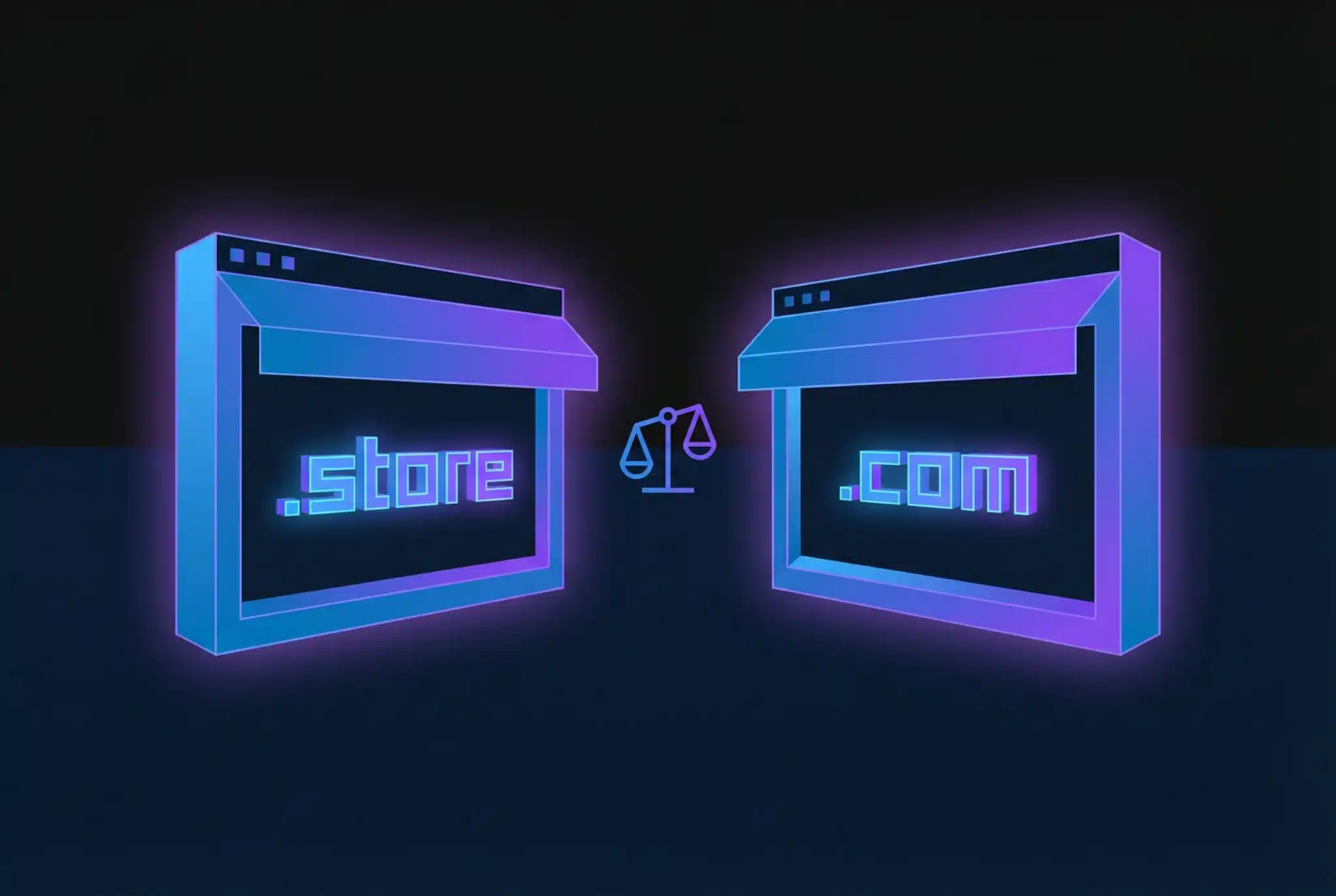 Two geometric storefront shapes side by side comparing .store and .com domain extensions with glowing blue-purple gradients on dark background