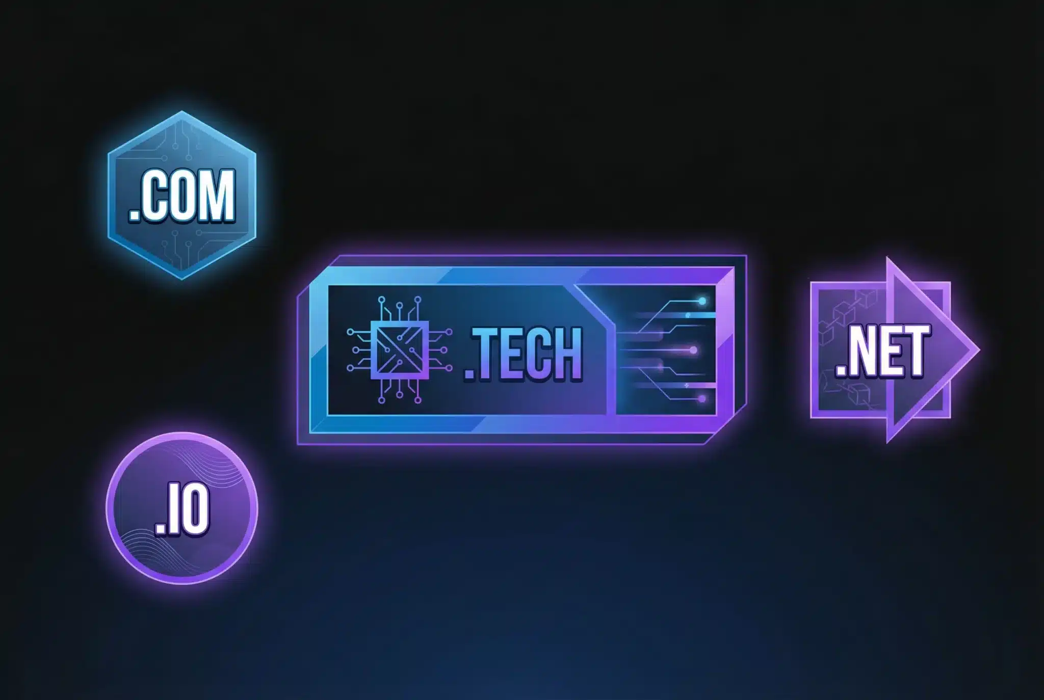Geometric illustration of a glowing .tech domain extension with comparison elements representing different domain types on a dark gradient background