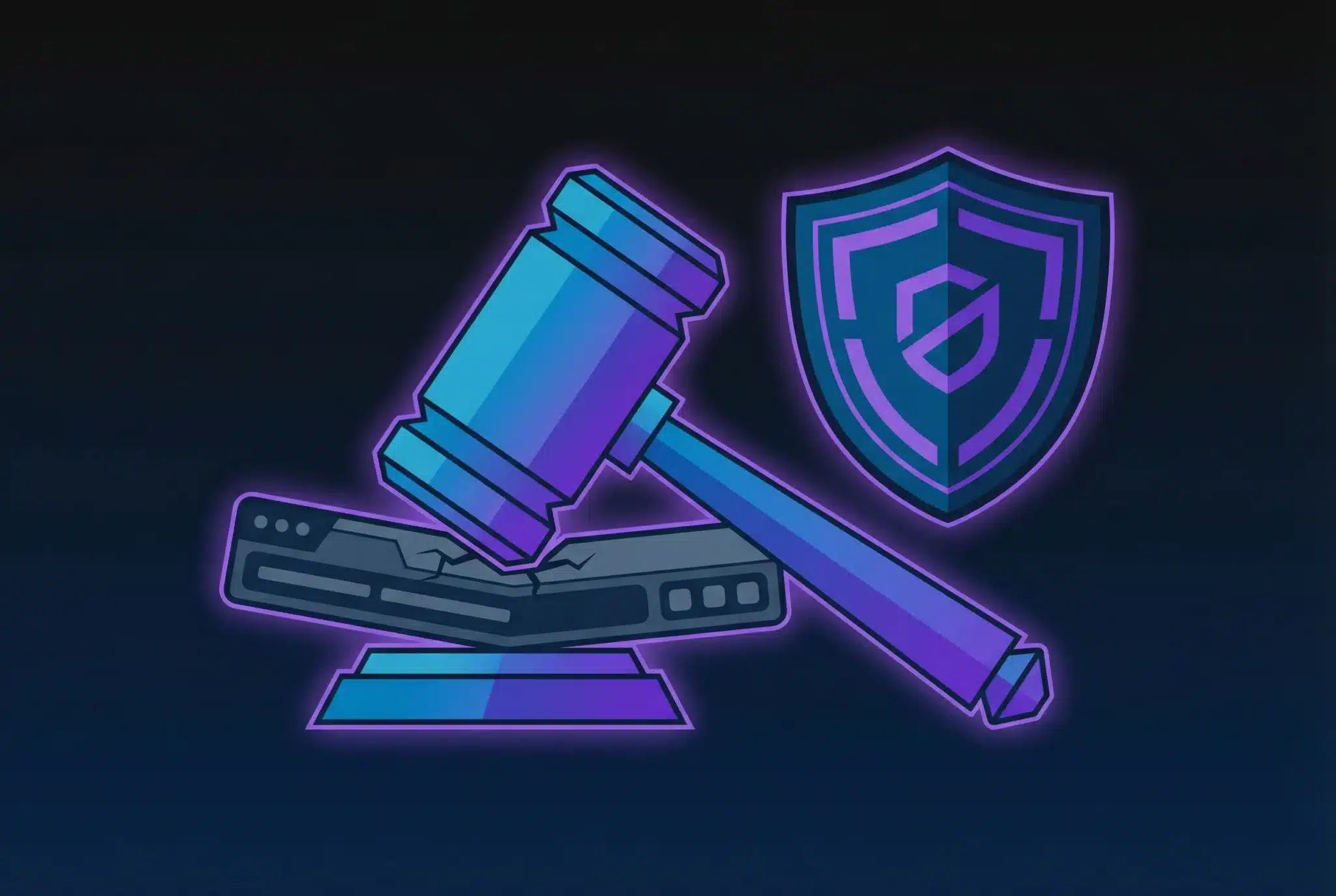 Geometric gavel striking a domain address bar next to a protective shield, illustrated in blue and purple gradients on dark background