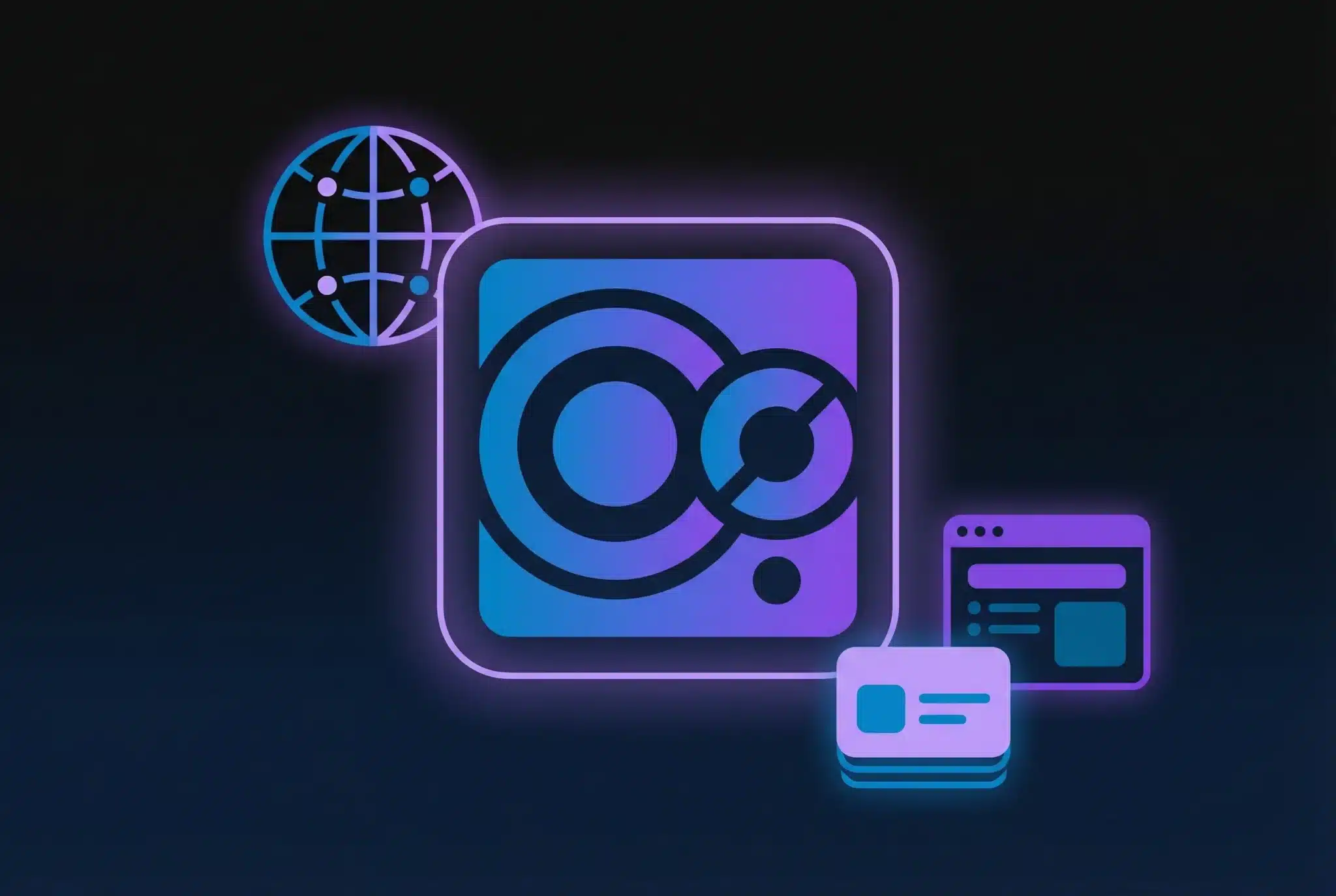 Geometric illustration of .CO domain symbol with globe and browser elements in blue and purple gradient on dark background