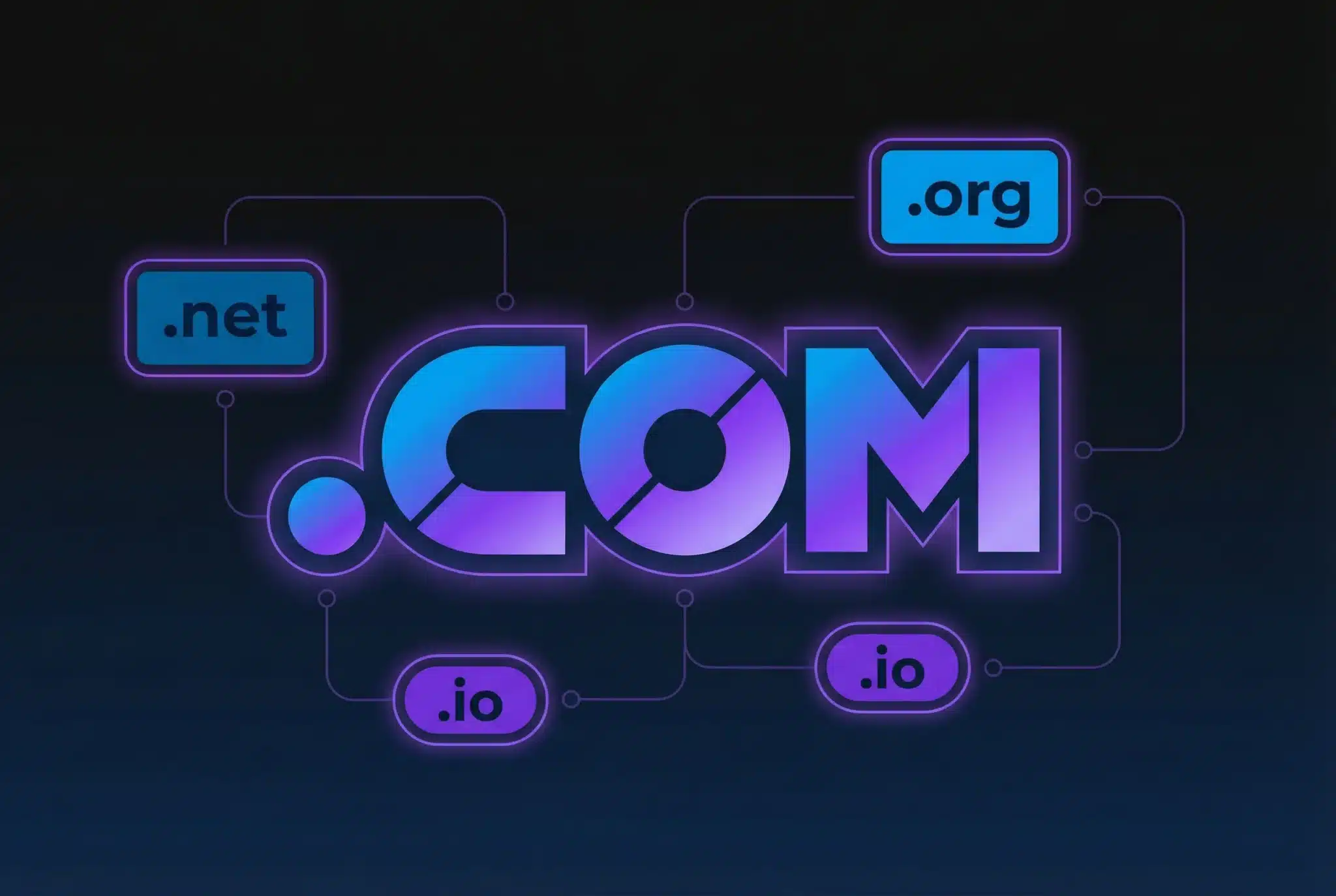 Geometric illustration of domain extensions with glowing dot-com symbol and floating TLD blocks in blue and purple gradients on dark background