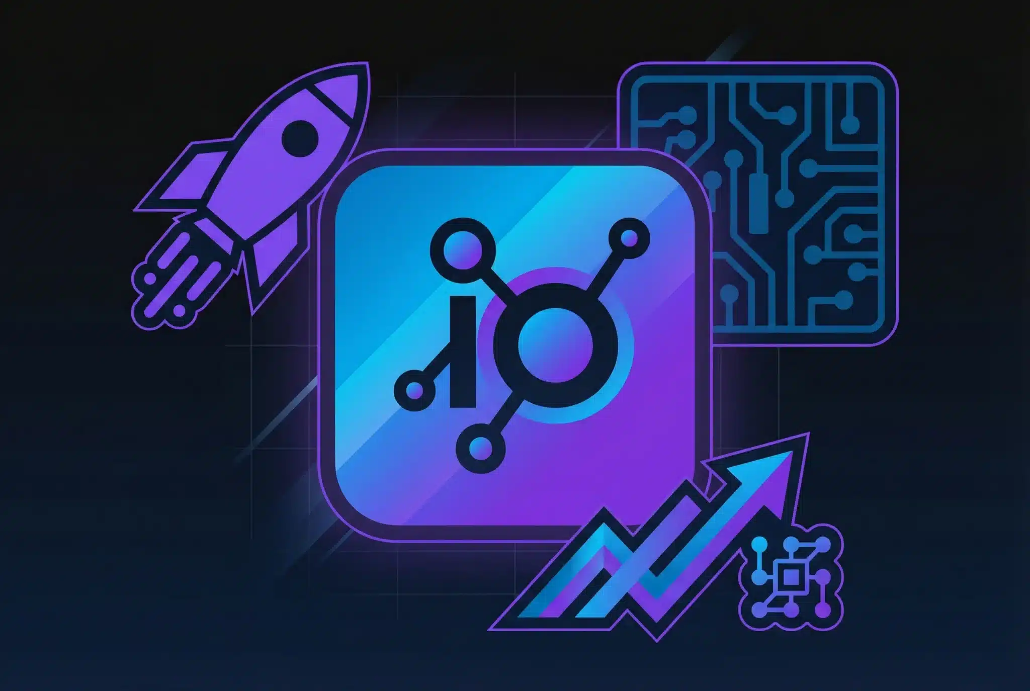 Geometric illustration of a .io domain symbol with tech startup icons including rocket and circuit patterns on dark gradient background