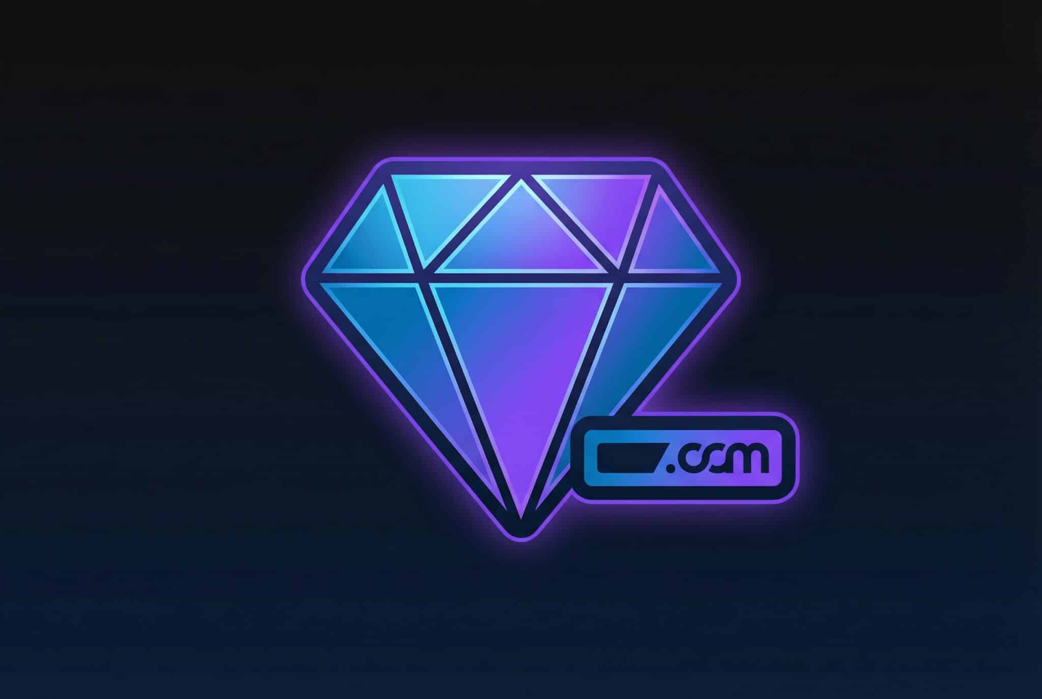 Geometric diamond gem next to domain URL symbol in blue-purple gradient on dark background, representing premium domain value