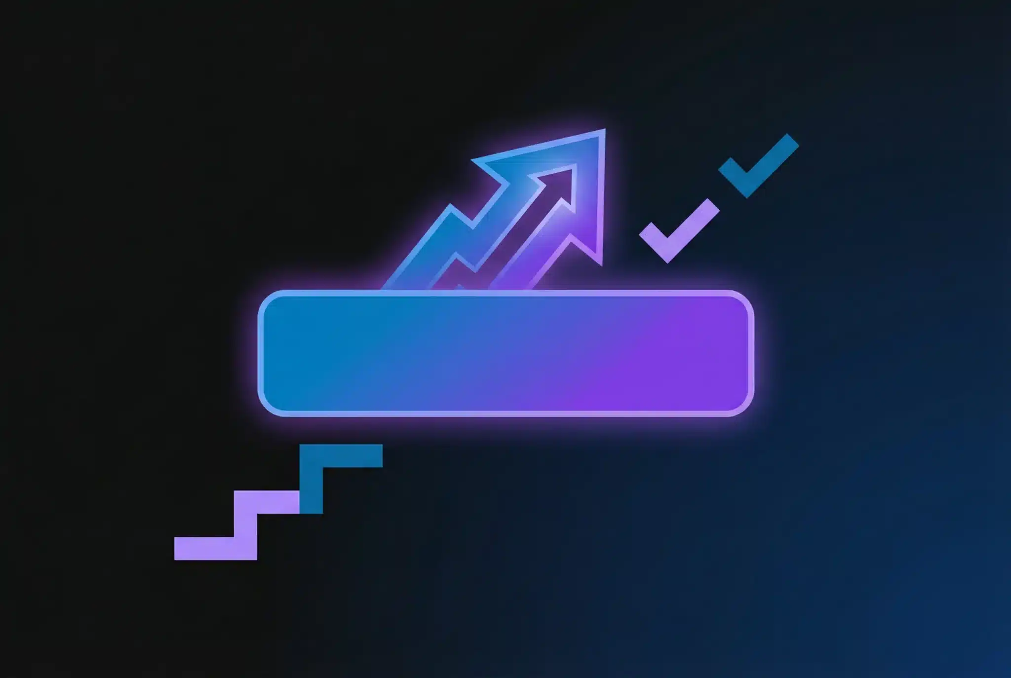 Geometric illustration of a domain name address bar with upward upgrade arrow and checkmarks on dark gradient background