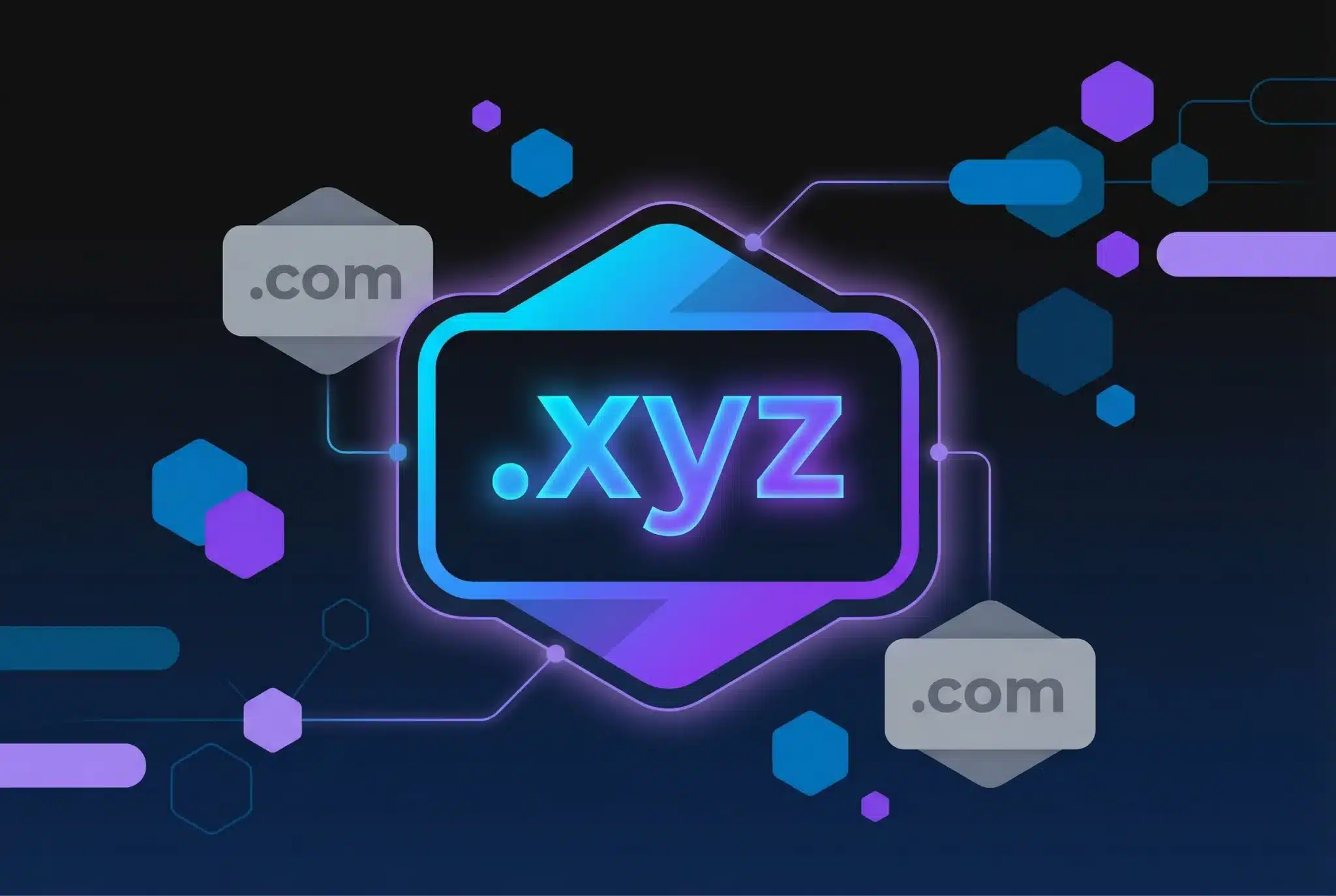 Geometric illustration showing .xyz domain extension block with glowing blue-purple gradient surrounded by comparison domain blocks on dark background